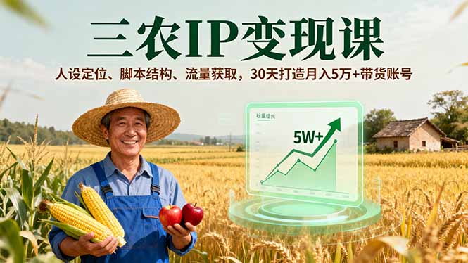 三农IP变现课，人设定位、脚本结构、流量获取，30天打造月入5万+带货账号-轻网创