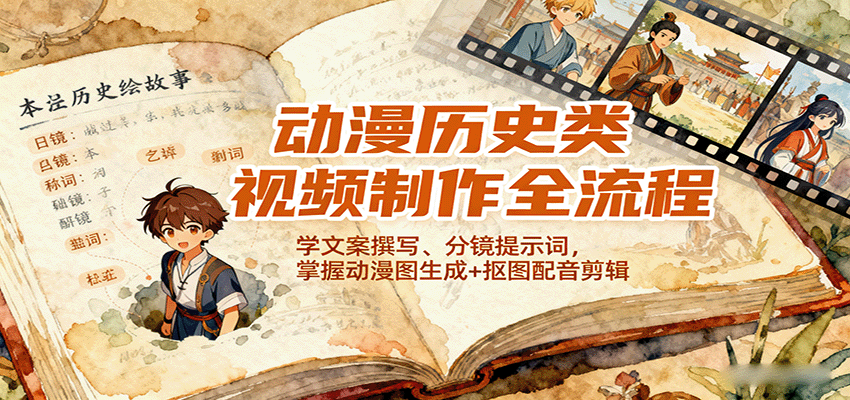 动漫历史类视频制作全流程，学文案撰写、分镜提示词，掌握动漫图生成+抠图配音剪辑-轻网创