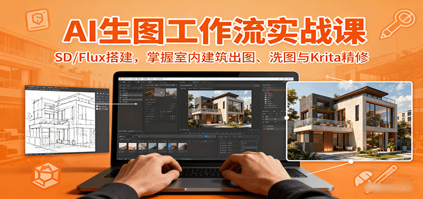 AI生图工作流实战课：SD/Flux搭建，掌握室内建筑出图、洗图与Krita精修-轻网创