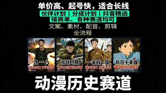 历史动漫赛道撸分成：起号、文案、素材、配音、剪辑，单视频收益破万-轻网创