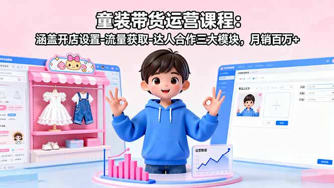 童装带货运营课程：涵盖开店设置-流量获取-达人合作三大模块，月销百万+-轻网创