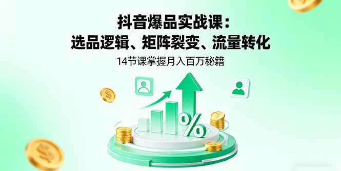 抖音爆品实战课：选品逻辑、矩阵裂变、流量转化，14节课掌握月入百万秘籍-轻网创
