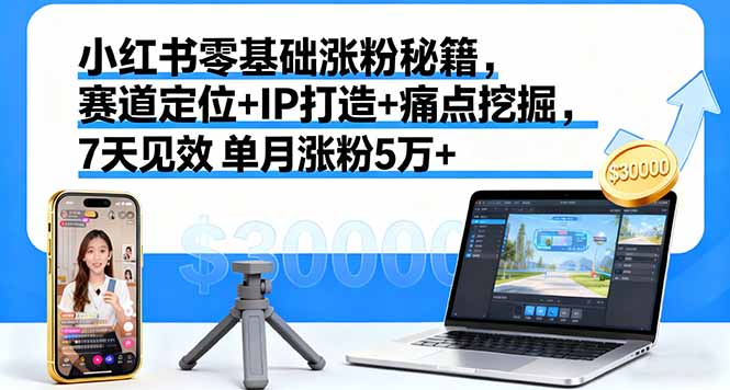 小红书零基础涨粉秘籍，赛道定位+IP打造+痛点挖掘，7天见效 单月涨粉5万+-轻网创
